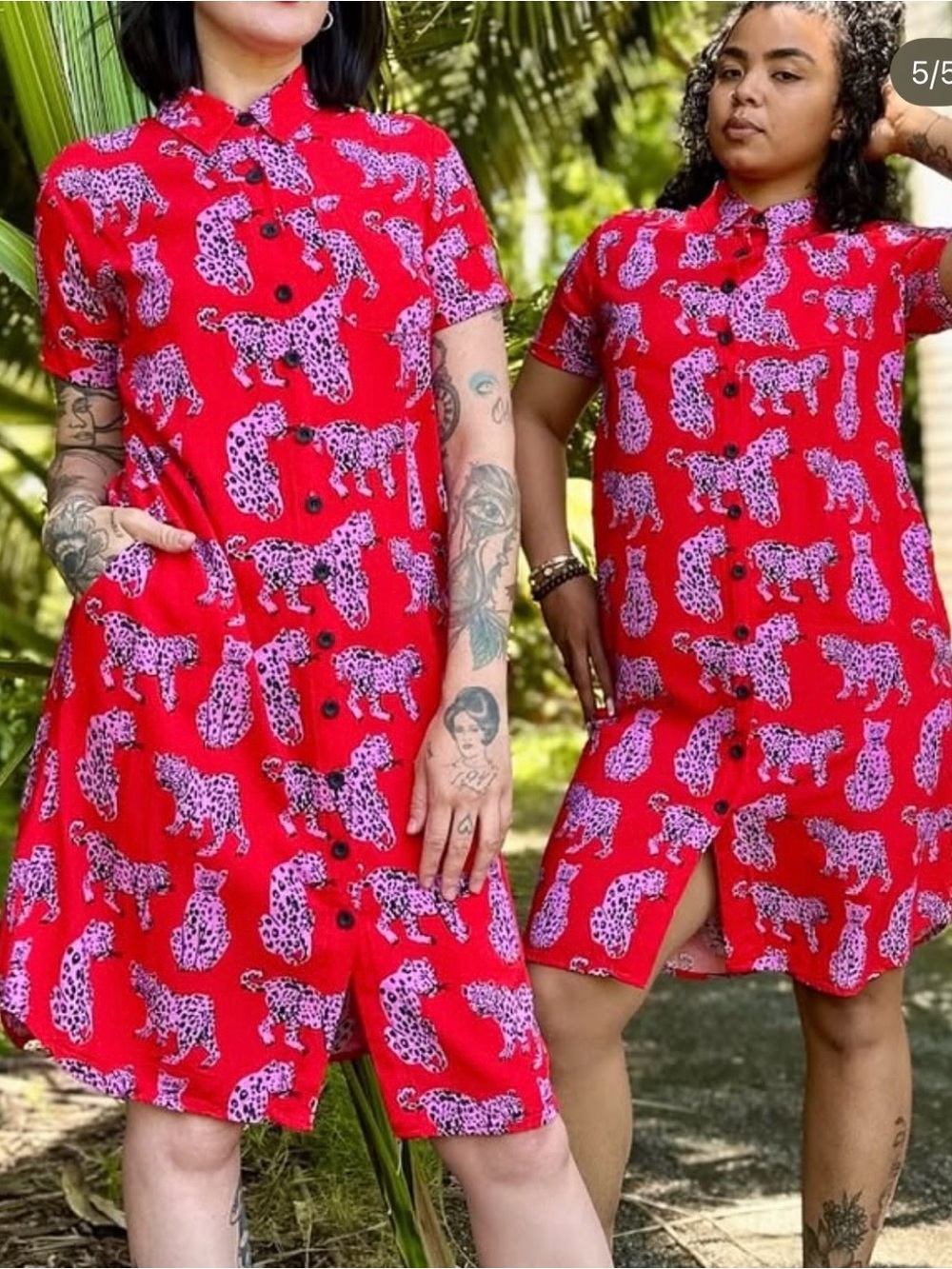 River Dress Sandler Cat Red Button-Up Dress with Pink Leopard Print - Picture 2 of 5